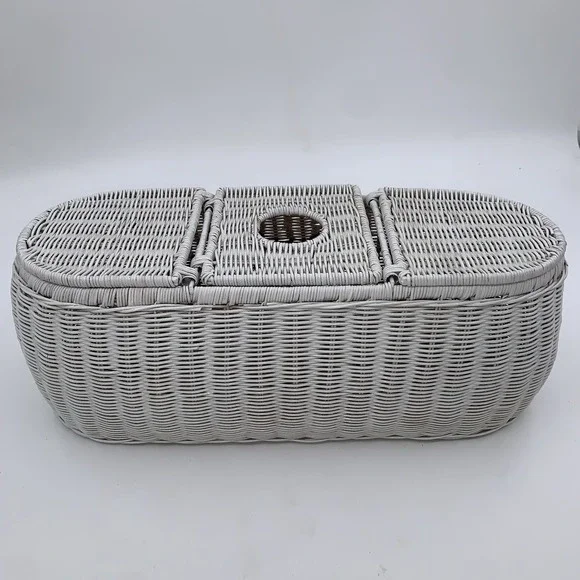 Vintage Handwoven Rattan Wicker 3 Part Tissue Basket White Storage Multipurpose