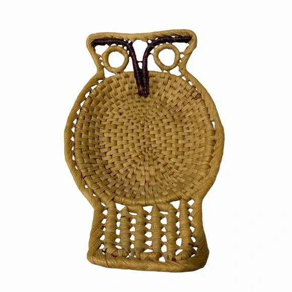 Vintage Mid Century Owl Wicker Basket Wall Hanging Boho Decor Rattan 11