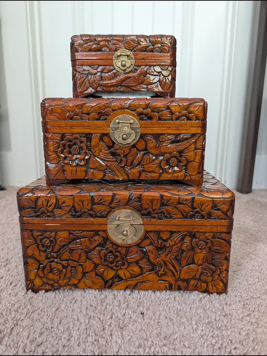 3 Vintage Hand Carved Brown Chinese Bird Camphor Wooden Floral Trinket Boxes