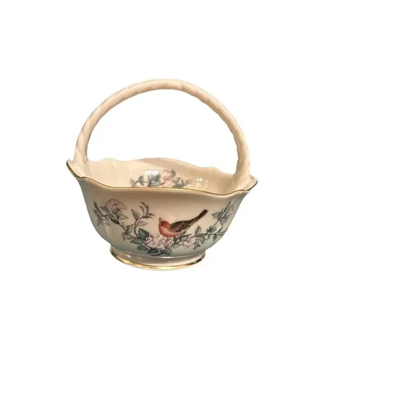 Lenox Serenade Bridal Basket Dish  W Handle‎ Decorated Birds 24k Gold Accent USA