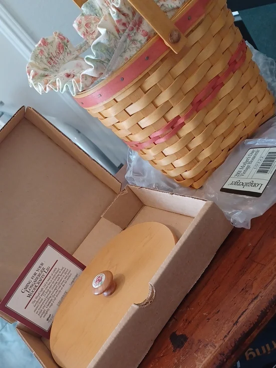 Longaberger Wooden Basket Lid with Floral Knob - Natural Wood and Pink & Basket