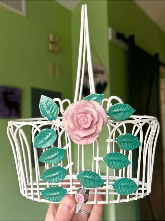 Vintage White Metal Basket With Pink and Green Floral Front