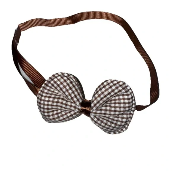 Pet Bow Tie Collar Gingham Brown/White Adjustable OS NEW