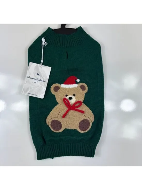 Tommy Bahama Pet Christmas Teddy Bear Dog Sweater Green Knit Medium Whimsicle