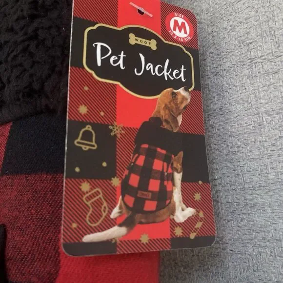 Woof Dog Jacket Sherpa Flannel Red Black Buffalo Plaid Checkered Holiday Photos