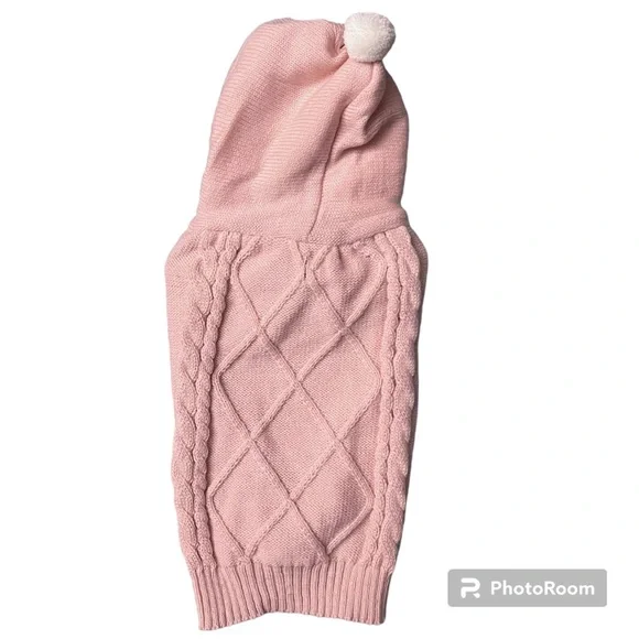 NWT Pink Cable Knit Small Dog Puppy Sweater with Pom Pom Hood - Size Large