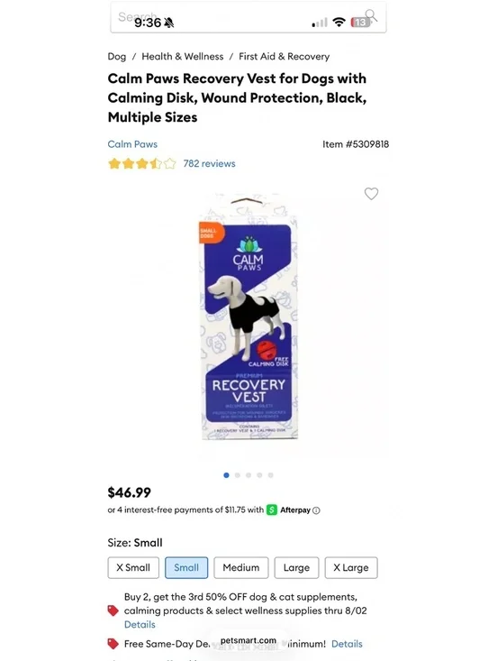 Calm Paws Recovery Vest for Dogs with Calming Disk, Wound Protection Size SMALL