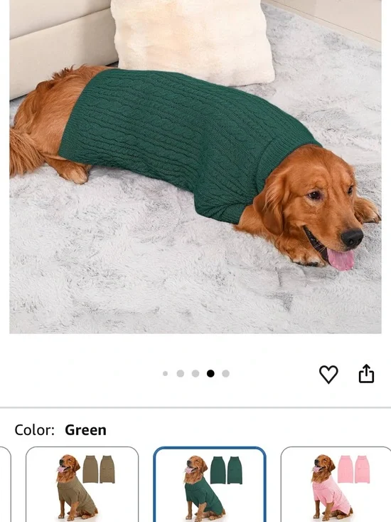 Dog Sweater for Large Dogs, Long Sleeve, Size XXL, Green Stretchy cable knit