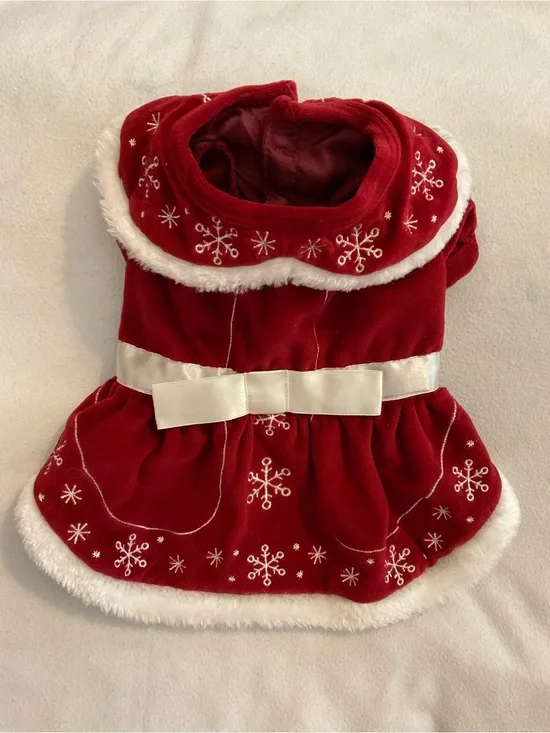 Red Velvet Holiday Pet Dress with Snowflake Embroidery