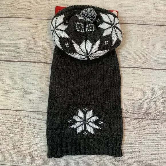 Friends Forever Gray and White Snowflake Dog Sweater with Pom Pom Hoodie Size S