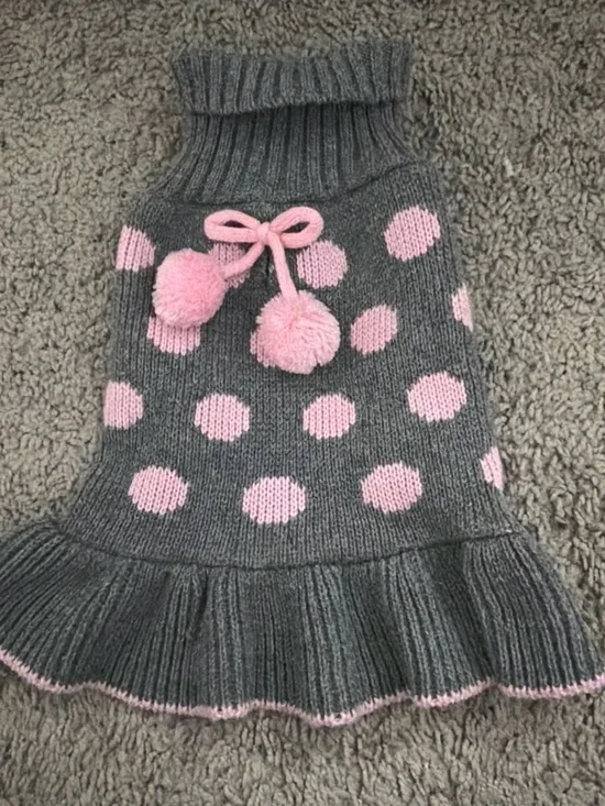 Gray Knit Dog Sweater with Pink Polka Dots and Pom Poms