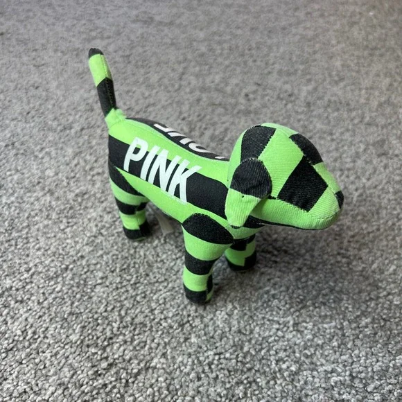 vtg y2k PINK Victoria's Secret Plush Dog Stuffed Animal Green Black Striped LOVE