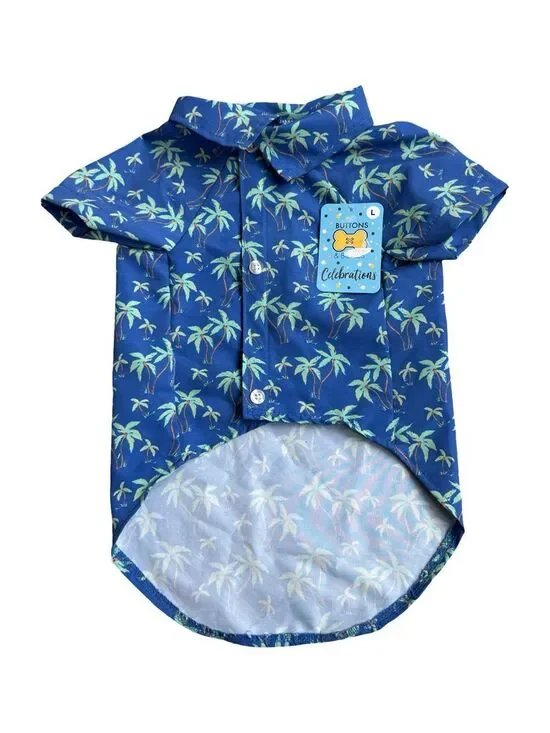 Buttons & Bones Blue Button Up & Velcro Tropical Print Dog Shirt Size L NWT
