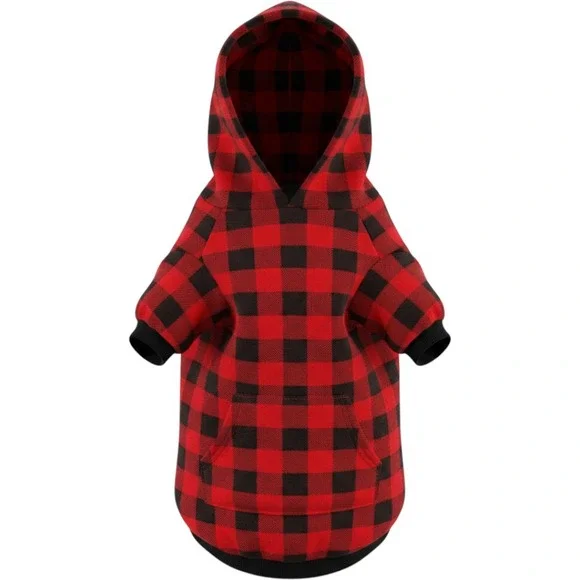 Red Black Buffalo Plaid Pet Hoodie Small Medium Dog Cat Fleece Pullover Sweater