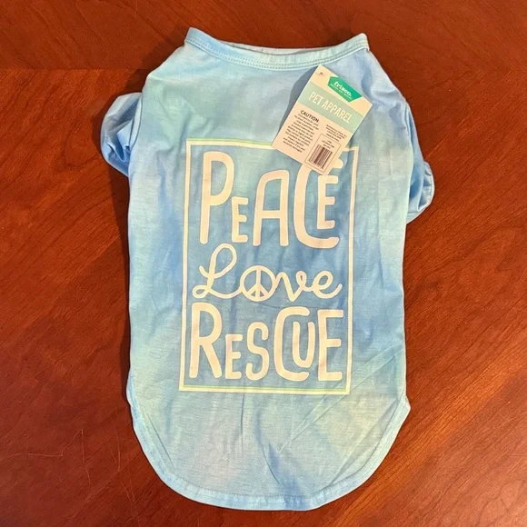 Blue dog Shirt with Peace Love Rescue Design. Size Large