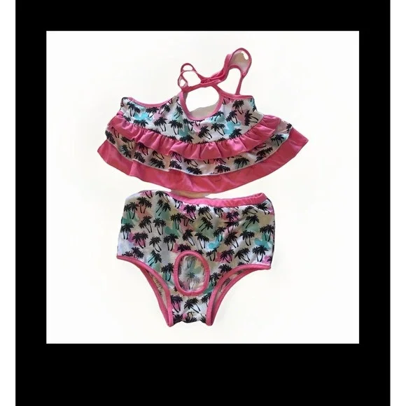 Pink‎ Tropical Palm Tree Pet Bikini Set Two-Piece Dog Swimsuit with Ruffles