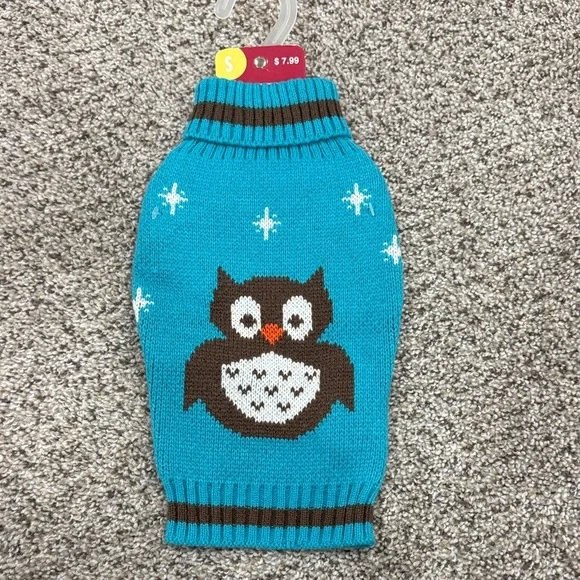 Top Paw Teal Owl Knit Dog Sweater with Brown Accents