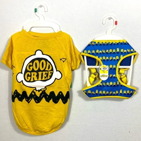 Yellow 'Good Grief' Dog Shirt and Harness Set Peanuts & Minions size Large