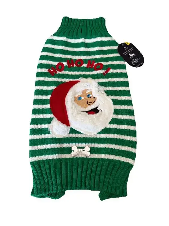 Puli & Co. Knitted Green/White Striped Santa Face Dog Sweater ~ Med ~ NWT