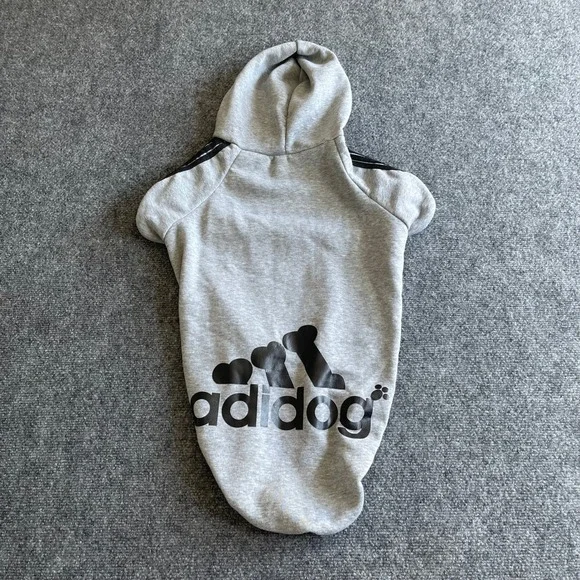 Adidog Pet Hoodie Heather Gray Athletic Graphic Dog Sweatshirt Large 22in Back