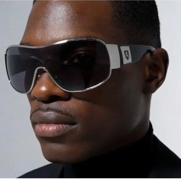 Men Shield Sunglasses Silver Black Wrap Around UV400 Hip Hop Gangster Streetwear
