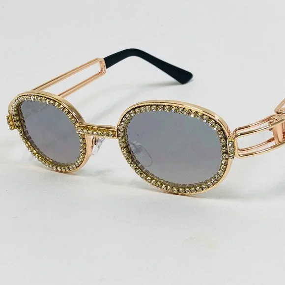 Diamond Sunglasses Men Oval Frame Gold Mirror Lens‎ Metal Fashion Shades Trendy