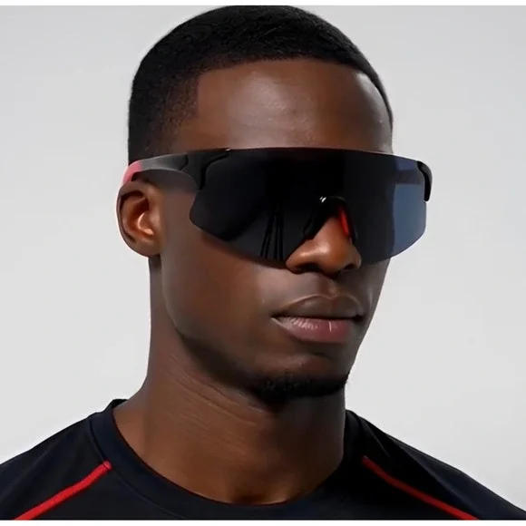 Mens Shield Sport Sunglasses Black‎ Red Rimless Wraparound Activity UV400 Lentes