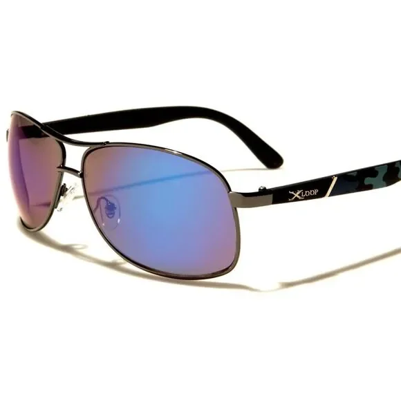 Designer Stylish Blue Mirrored Lens Camouflage Temple Mens Rectangle Sunglasses