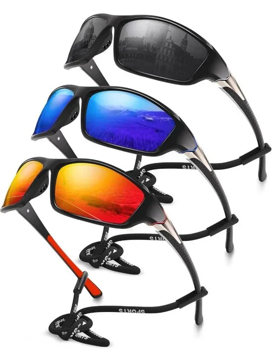 3 Pack Polarized Sports Sunglasses - UV Protection, Wrap Around for Cycling