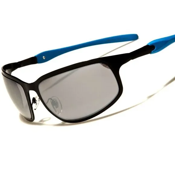 Designer Stylish Black & Blue Mirrored Lens Mens Sporty Rectangle Sunglasses