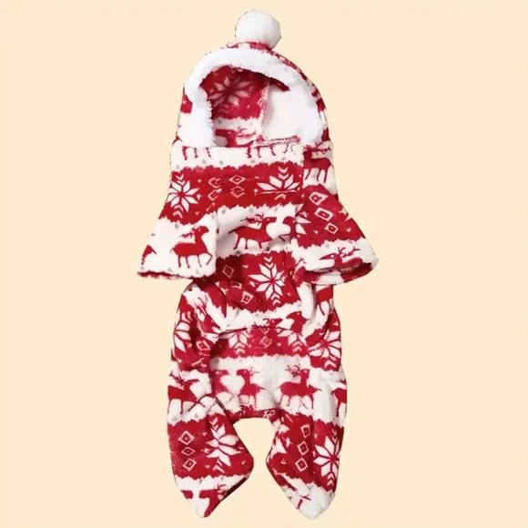 1pc Pet Christmas Reindeer Graphic Pajamas Hooded Jumpsuit For Puppy