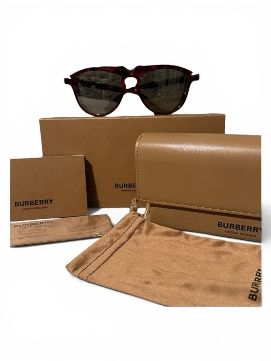 Burberry Red Havana Pilot Men’s Sunglasses  NIB Full Inclusion