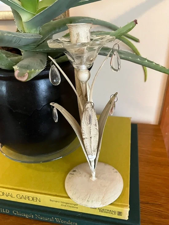 Ivory Metal Candle Holder with Glass Droplet Accents