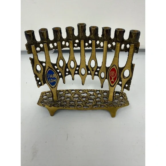 VTG Hen Holon Israel Brass Menorah Brutalist Shalom Enameled Mid Century 6253