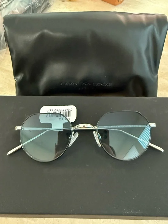 Carolina Lemke Men’s Silver Metal Round Sunglasses with Blue Tinted Full set