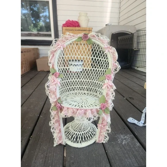 Vintage Wicker Peacock Chair, Lace & Roses Trim Miniature Plant Stand Doll Stand