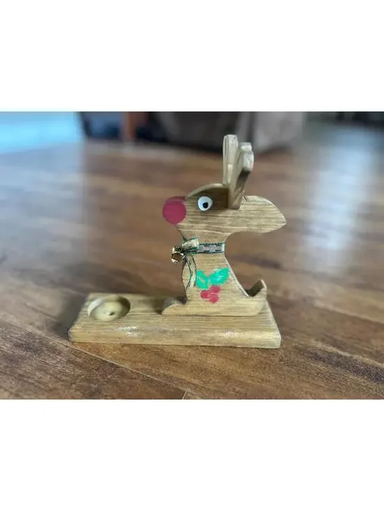 Handcrafted Wooden Reindeer Candle Holder with Festive Bow and Bell