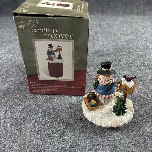 Holiday Time Snowman Candle Jar Topper Cover Christmas Decor w Box Farmhouse‎
