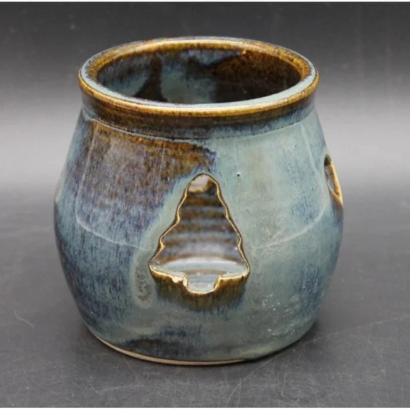 Handmade Pottery Luminary Candle Holder Blue Brown Glazed Tree Heart Cutouts