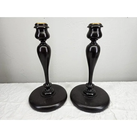 Antique‎ 1900's Dark Wood Candlestick Holders Pair Ornate Brass Top Elegant