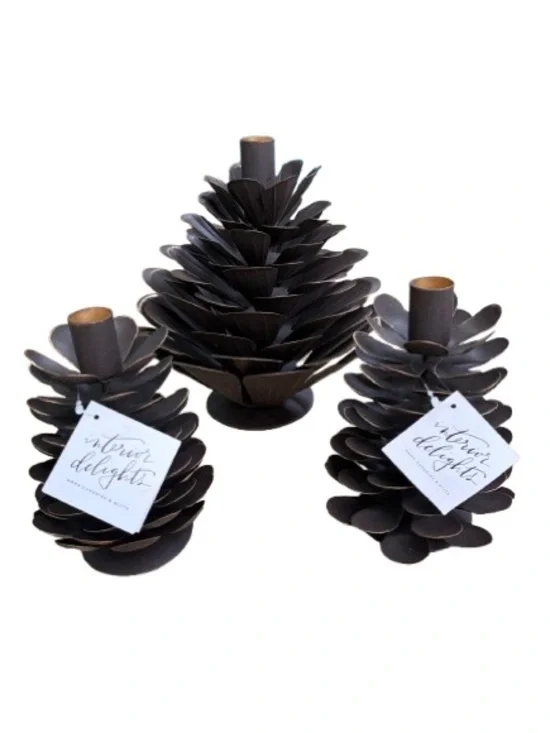 Interior Delights Metal Pinecone Candle Holders - Dark Brown Set of 3 Farmhouse
