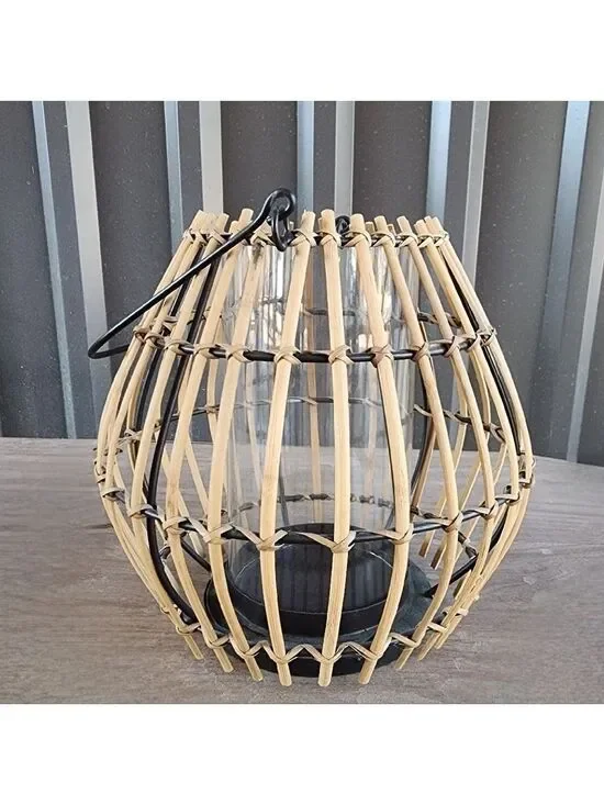 ​Large Bamboo Rattan Hurricane Candle Holder - Modern Boho Outdoor Lantern