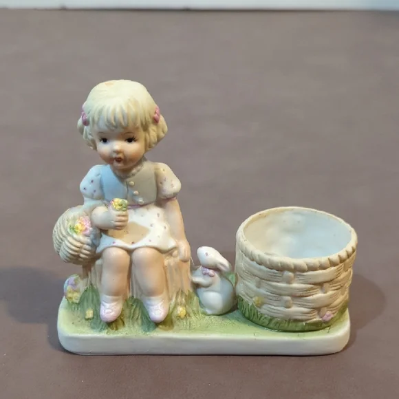 1983 Tea Lite Holder Girl with basket of flowers and Bunny Made in Taiwan A O C