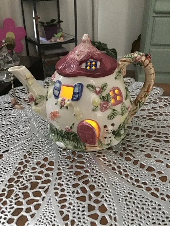 Teapot Cottage Tealight Holder Luminary, fairy garden look