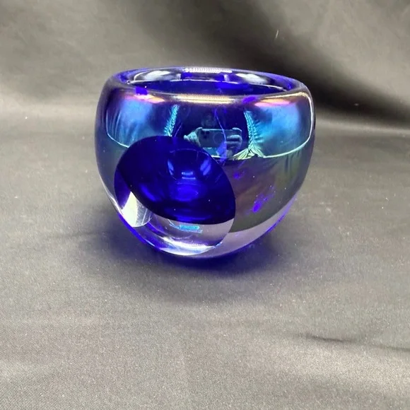 Cobalt Blue Iridescent Art Glass Votive Holder Carnival Glass 3.5in