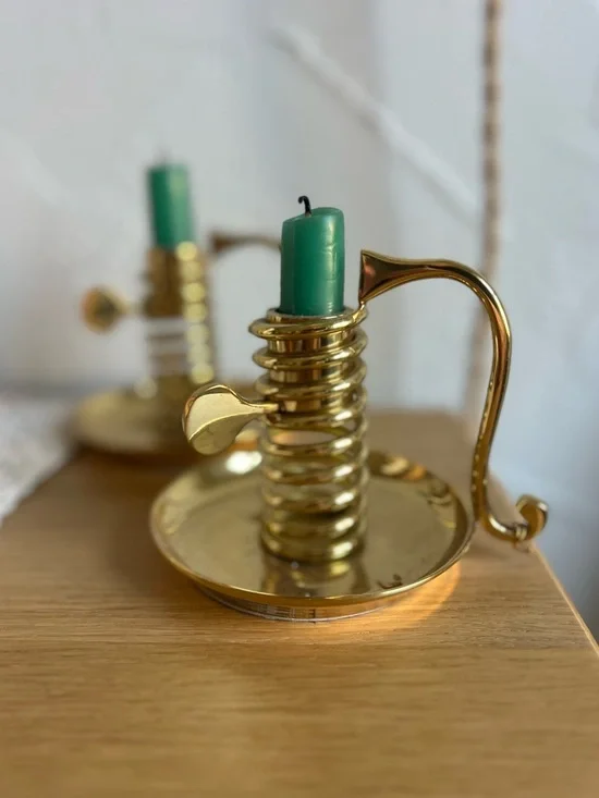 Vintage Gold Tone Coil Candlestick Holders Pair Design Chamberstick Candle