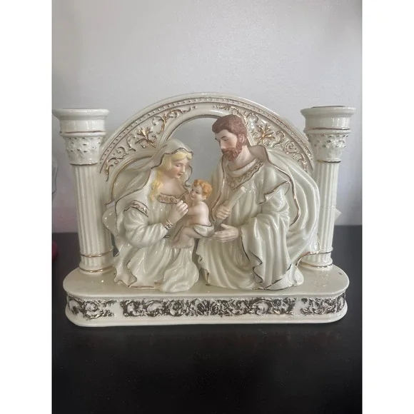Vintage Holy Family Nativity Ceramic Double Taper Candle Holder Cream Gold