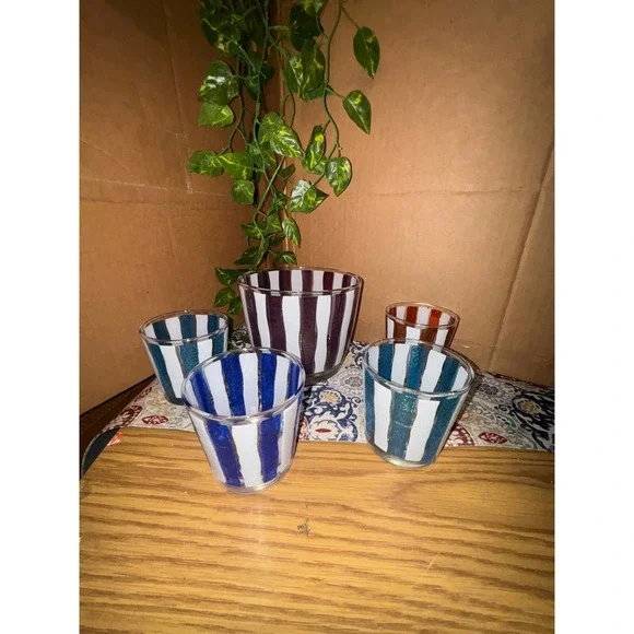 Vintage Libbey Cocktail BARWARE Set Wavy Stripe Retro MCM 5 Pc Ice Bucket Glasse