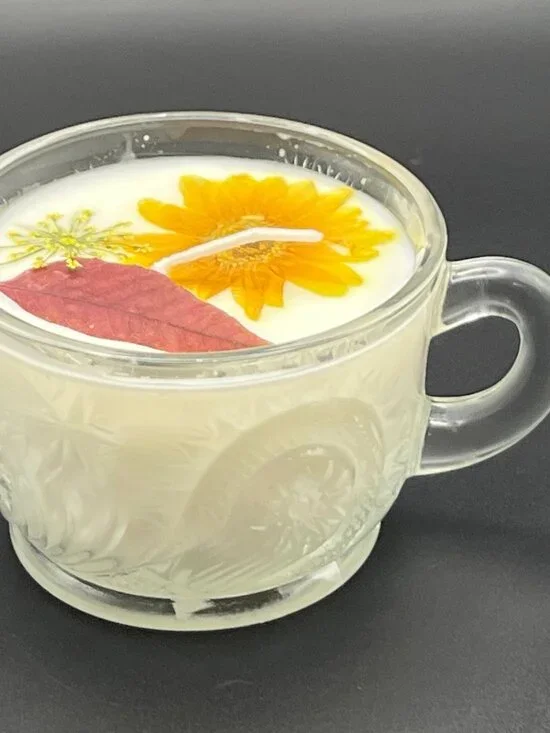 Marigold Leaf Frosted Glass Teacup Candle
