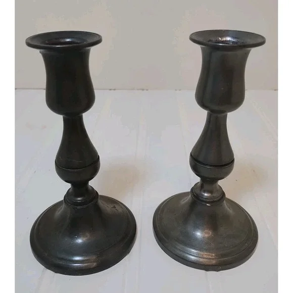 VTG Pair Weighted Pewter Taper Candlestick Holders 5
